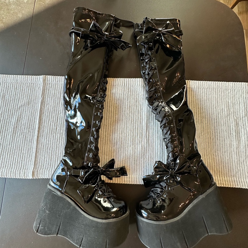 Black Patent Over-the-Knee Lace-Up Platform Boots